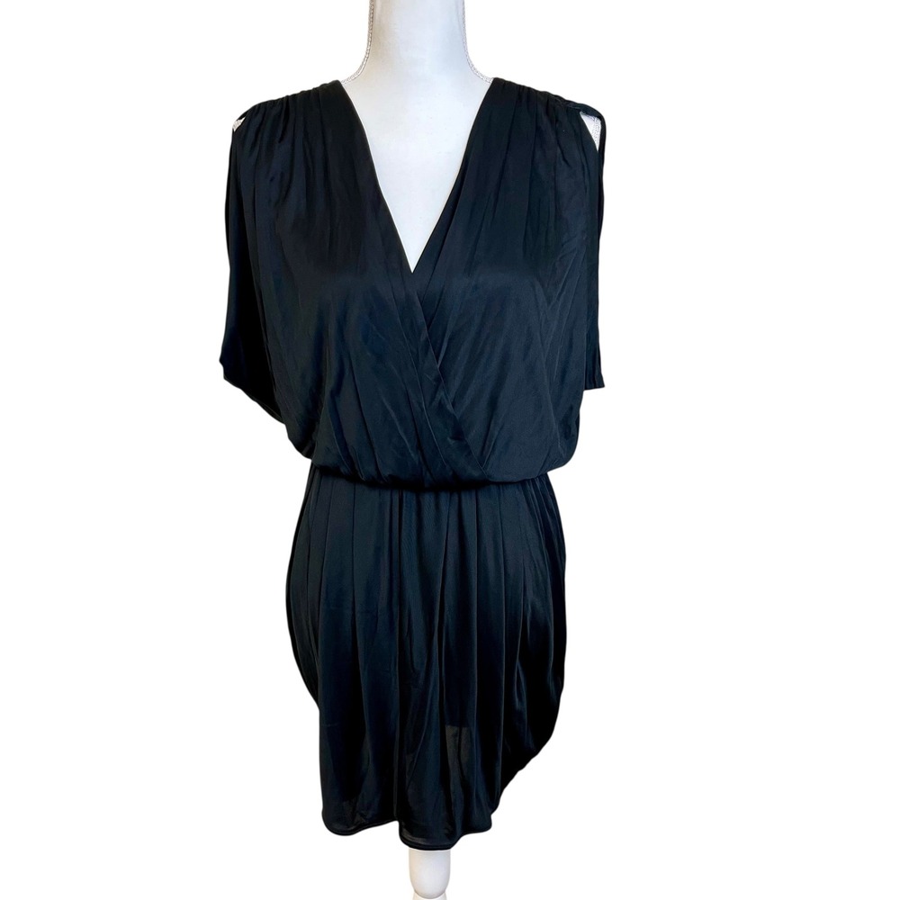 Black Halo Jill Draped Pleated Mini Cocktail Dress M Sleeveless‎ V Neck Party